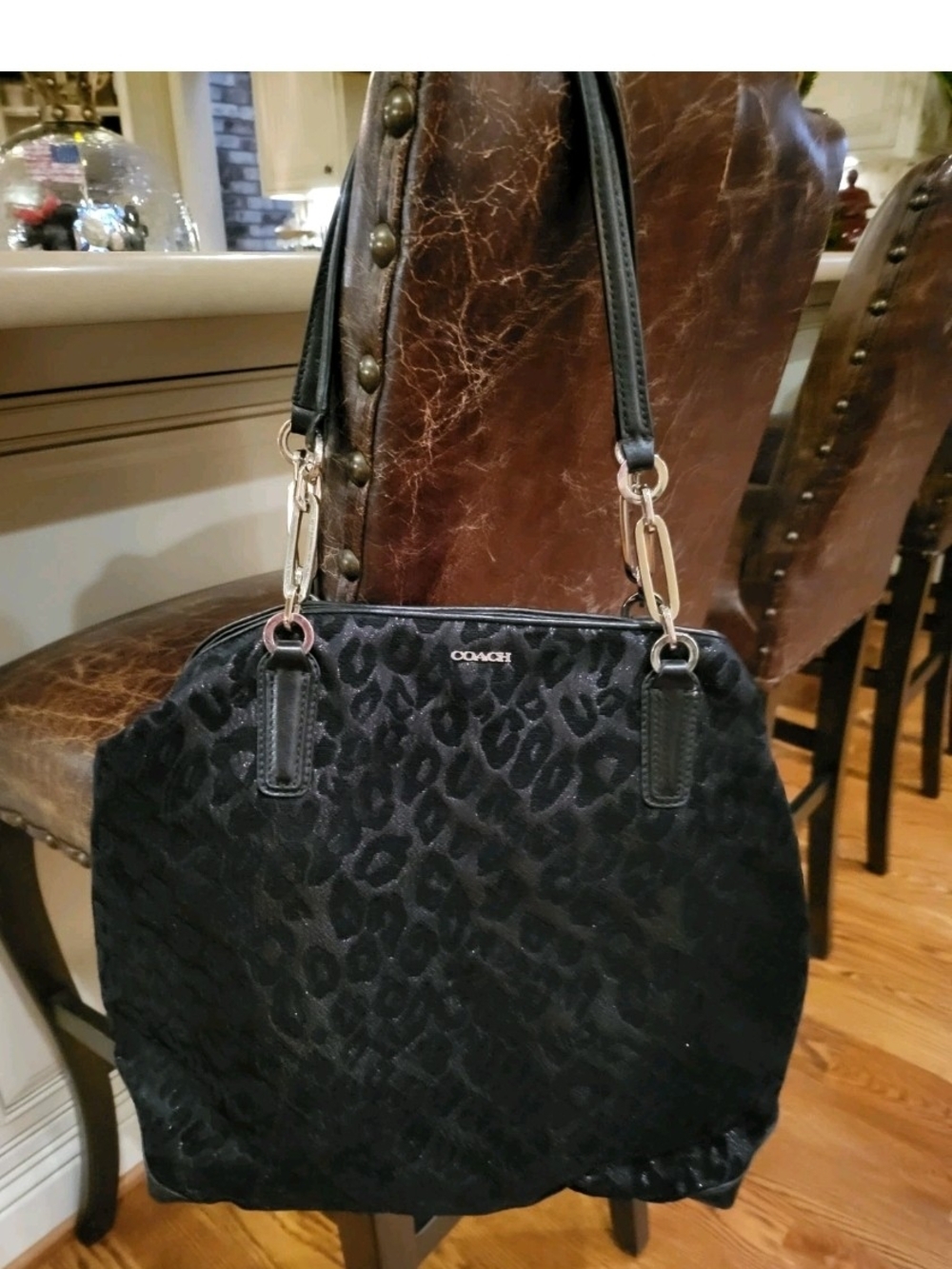 COACH Madison Black Leopard Jacquard Ocelot Fabric Shoulder Bag North/South Tote